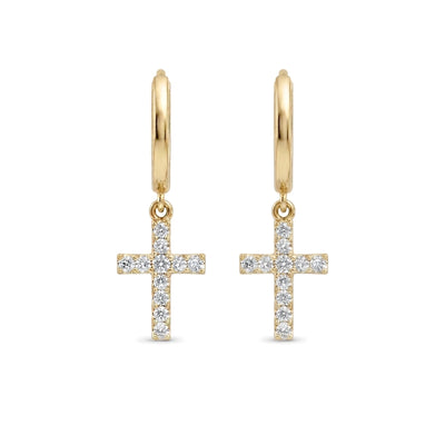 Pave Cross Drop Huggie Earrings — round lab grown diamond earrings by Vimora Diamonds