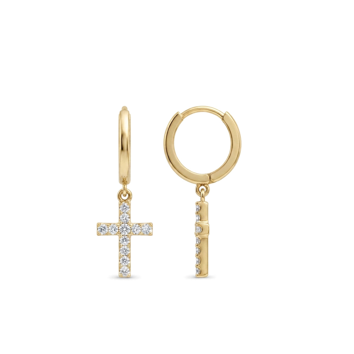 Pave Cross Drop Huggie Earrings — round lab grown diamond earrings in 9K, 14K or 18K gold