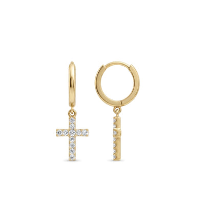 Pave Cross Drop Huggie Earrings — round lab grown diamond earrings in 9K, 14K or 18K gold