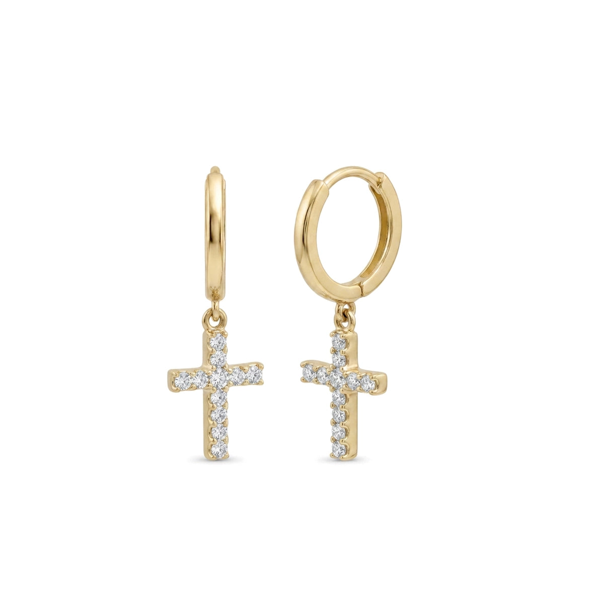 Pave Cross Drop Huggie Earrings in IGI certified lab grown diamond and BIS hallmarked gold