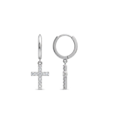 Pave Cross Drop Huggie Earrings — round lab grown diamond earrings in solid hallmarked gold