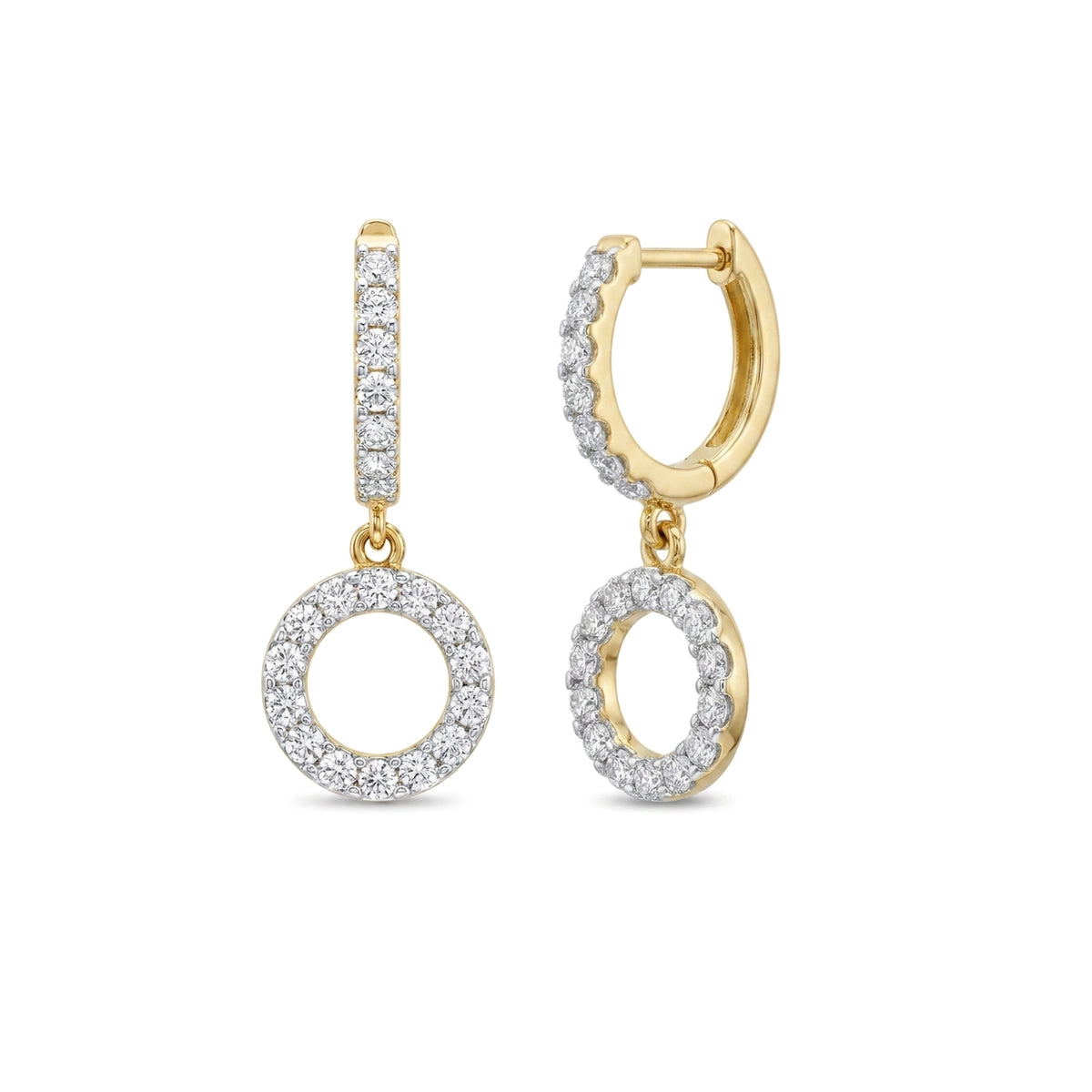 Pave Circle Drop Huggie Earrings in IGI certified lab grown diamond and BIS hallmarked gold