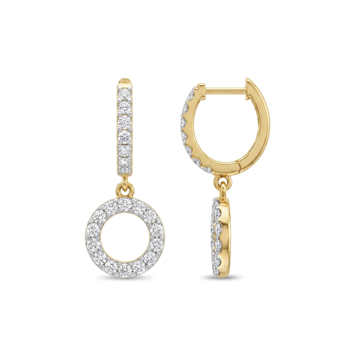Pave Circle Drop Huggie Earrings — round lab grown diamond earrings in 9K, 14K or 18K gold