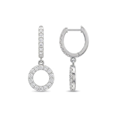 Pave Circle Drop Huggie Earrings — round lab grown diamond earrings in solid hallmarked gold