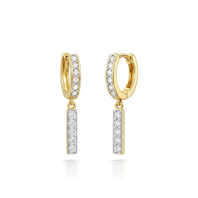 Pave Hoop Bar Drop Earrings — round lab grown diamond earrings in 9K, 14K or 18K gold