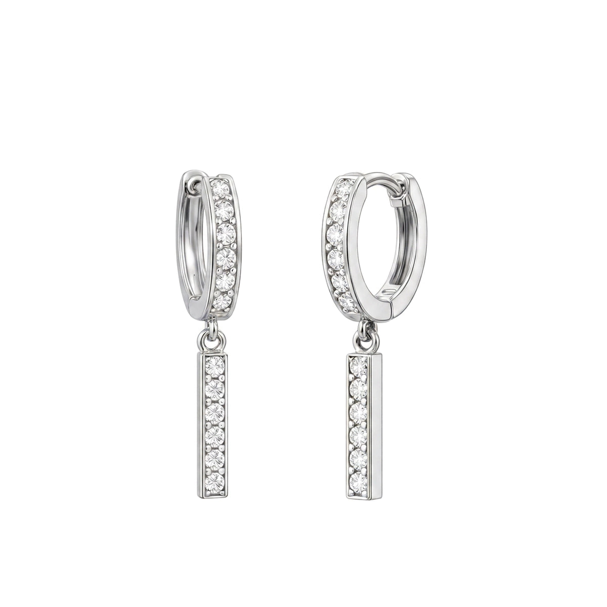 Pave Hoop Bar Drop Earrings — round lab grown diamond earrings in solid hallmarked gold