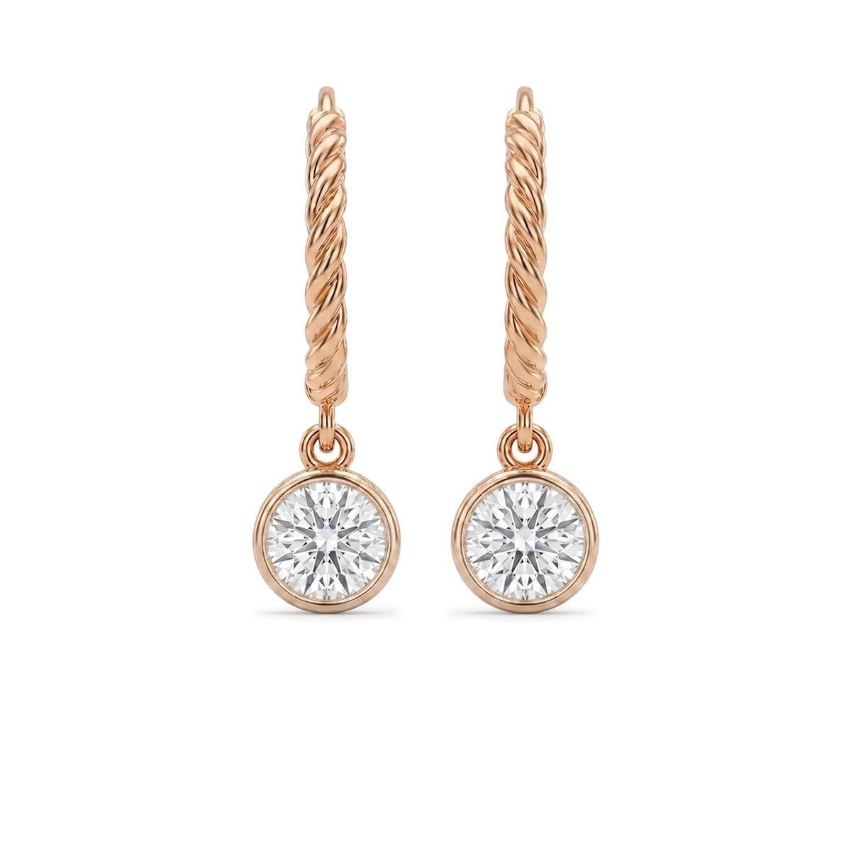 Bezel Round Drop Rope Hoop Earrings — round lab grown diamond earrings in 9K, 14K or 18K gold