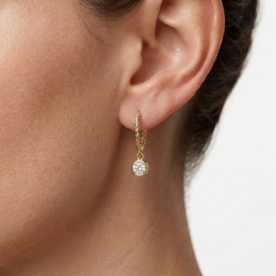Bezel Round Drop Rope Hoop Earrings — round lab grown diamond earrings in solid hallmarked gold