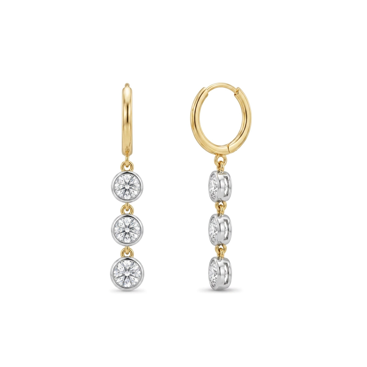 Triple Bezel Drop Hoop Earrings in IGI certified lab grown diamond and BIS hallmarked gold