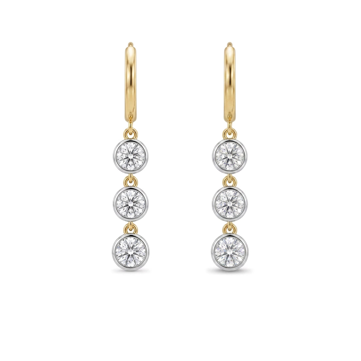 Triple Bezel Drop Hoop Earrings — round lab grown diamond earrings by Vimora Diamonds