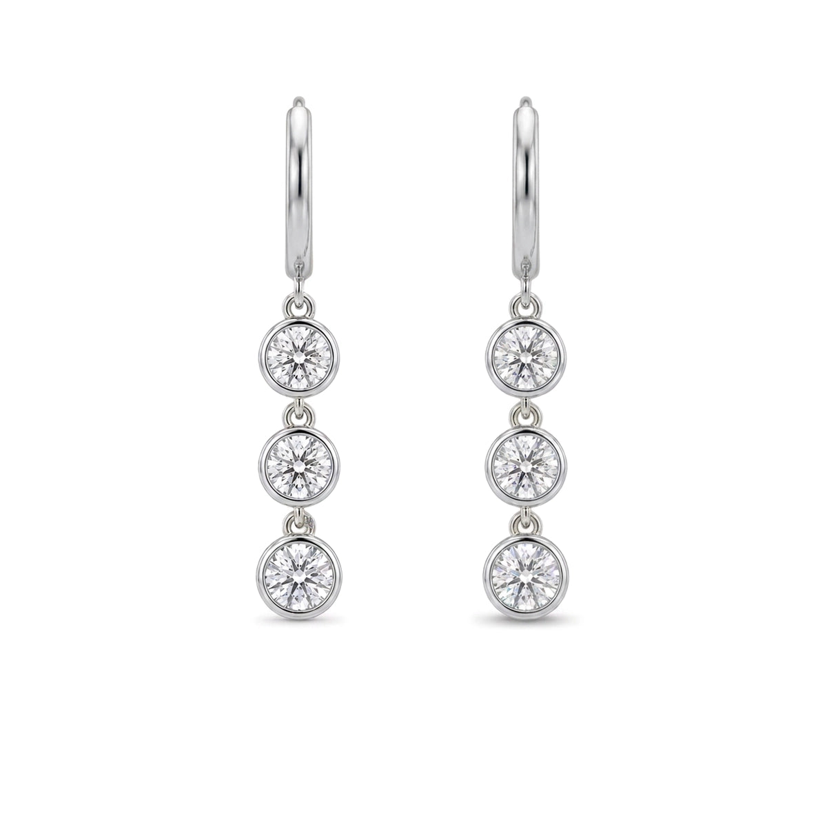 Triple Bezel Drop Hoop Earrings — round lab grown diamond earrings in solid hallmarked gold