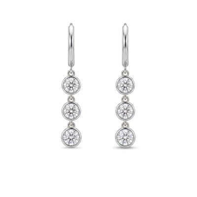 Triple Bezel Drop Hoop Earrings — round lab grown diamond earrings in solid hallmarked gold