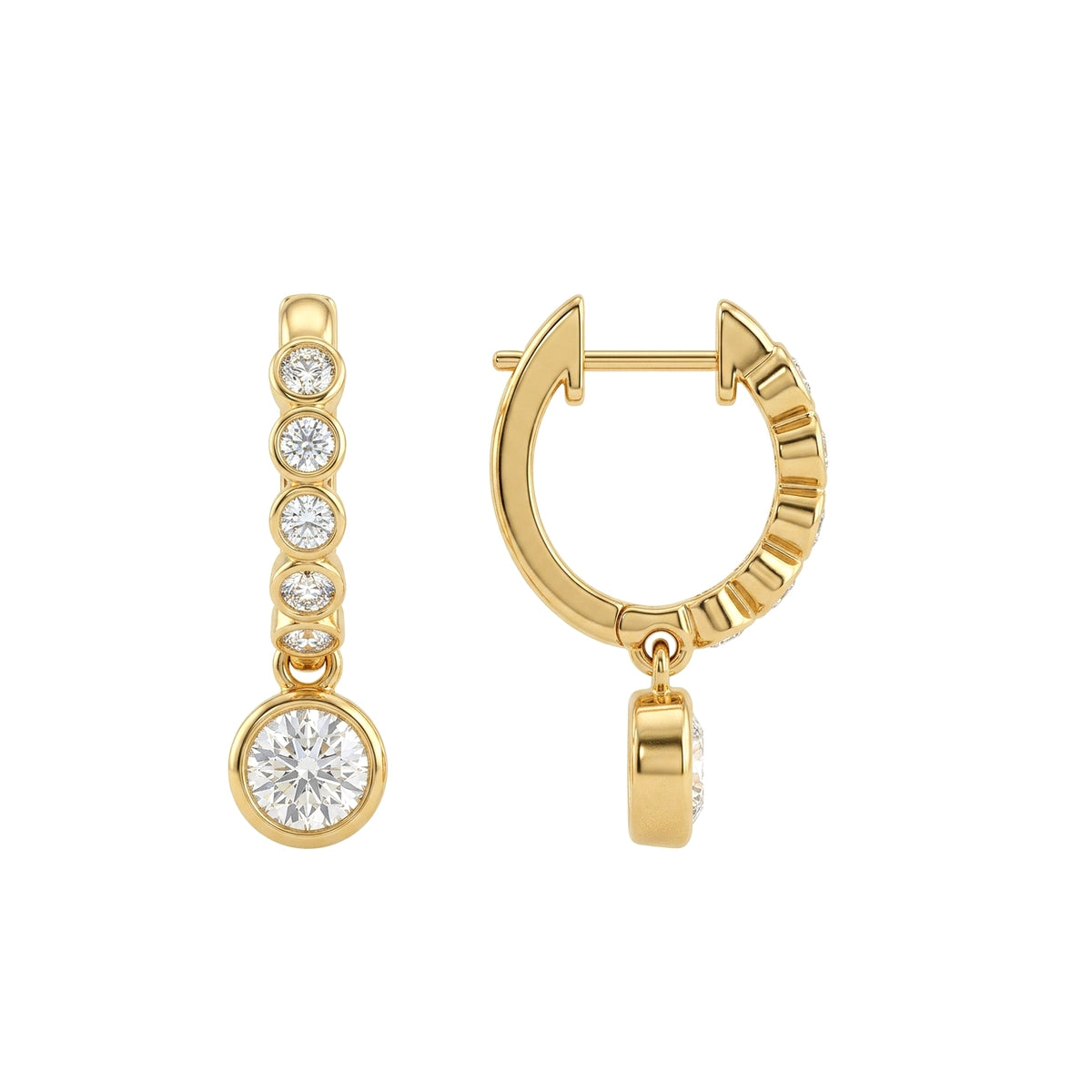 Bezel Journey Drop Earrings — round lab grown diamond earrings in 9K, 14K or 18K gold