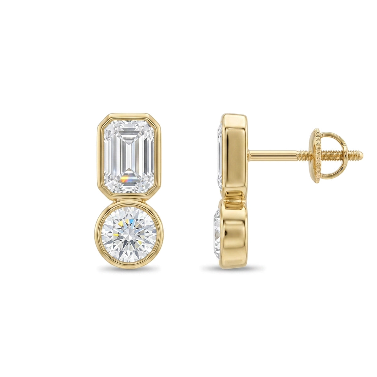 Emerald & Round Diamond Stacked Stud Earrings — emerald and round lab grown diamond earrings in 9K, 14K or 18K gold