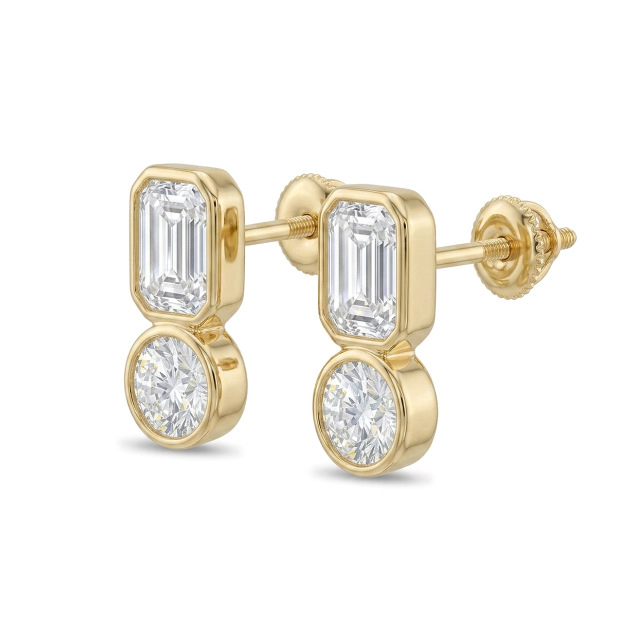 Emerald & Round Diamond Stacked Stud Earrings in IGI certified lab grown diamond and BIS hallmarked gold