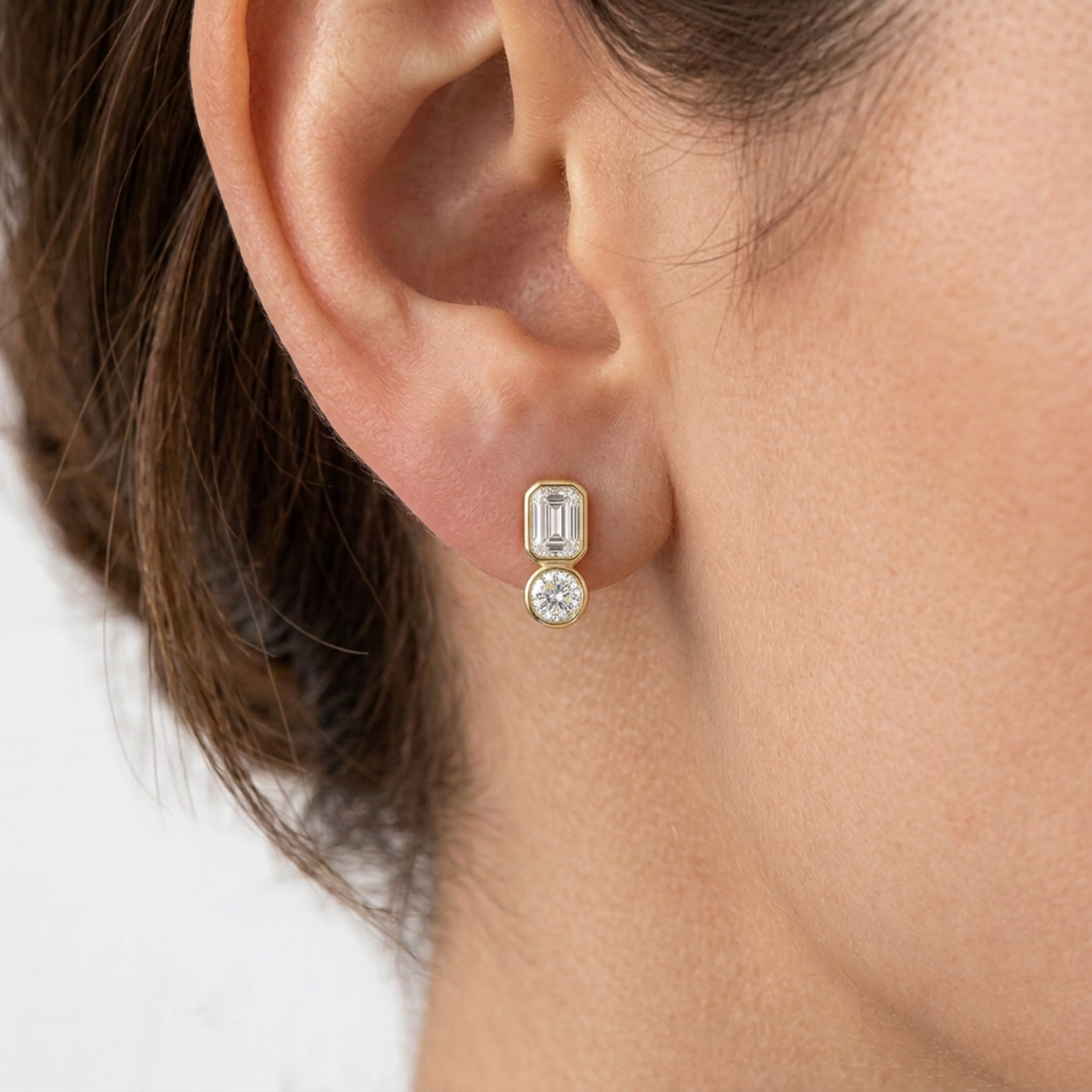 Emerald & Round Diamond Stacked Stud Earrings — lab grown diamond earrings handcrafted by Vimora Diamonds