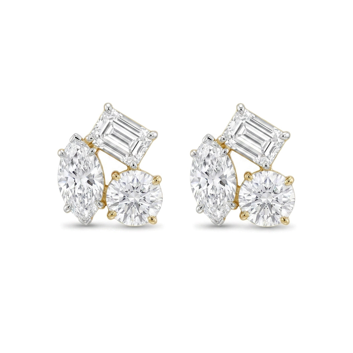 Marquise, Emerald & Round Diamond Cluster Stud Earrings — emerald, marquise and round lab grown diamond earrings