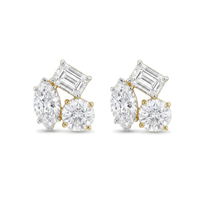 Marquise, Emerald & Round Diamond Cluster Stud Earrings — emerald, marquise and round lab grown diamond earrings