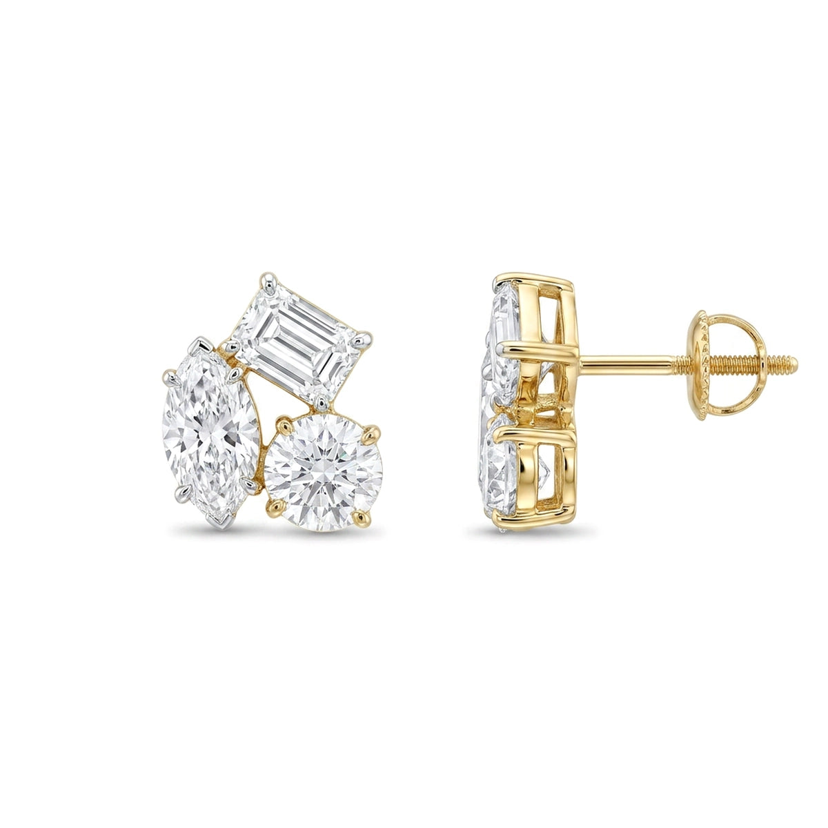 Marquise, Emerald & Round Diamond Cluster Stud Earrings — lab grown diamond earrings