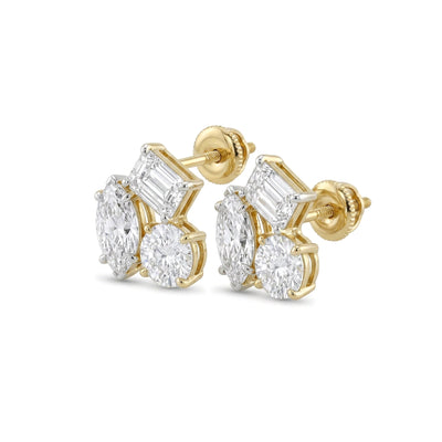 Marquise, Emerald & Round Diamond Cluster Stud Earrings in IGI certified lab grown diamond and BIS hallmarked gold