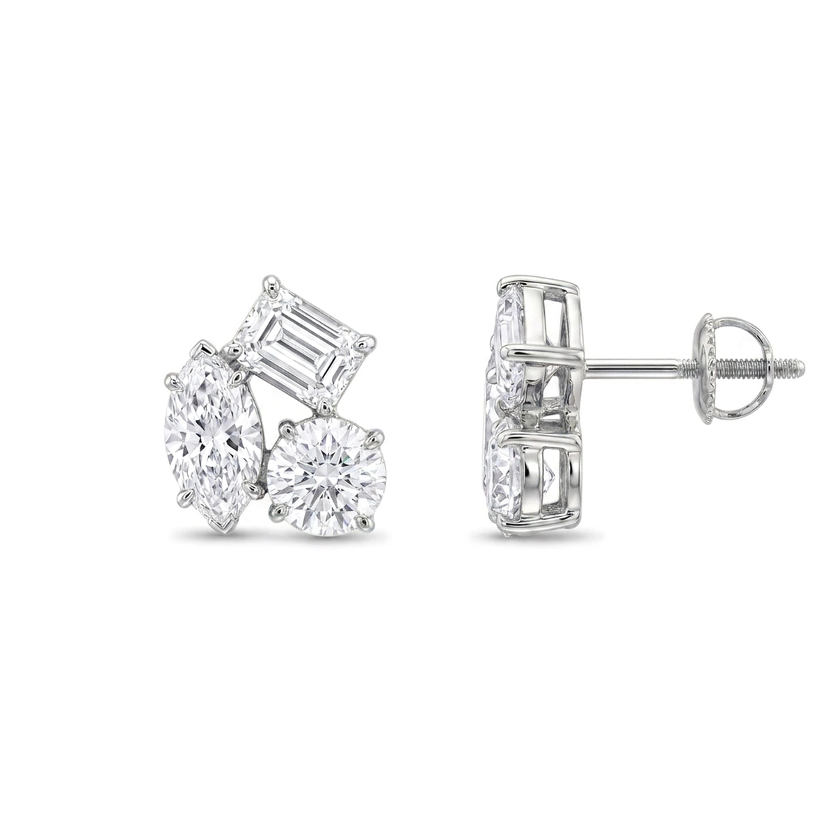 Marquise, Emerald & Round Diamond Cluster Stud Earrings — lab grown diamond earrings in solid hallmarked gold