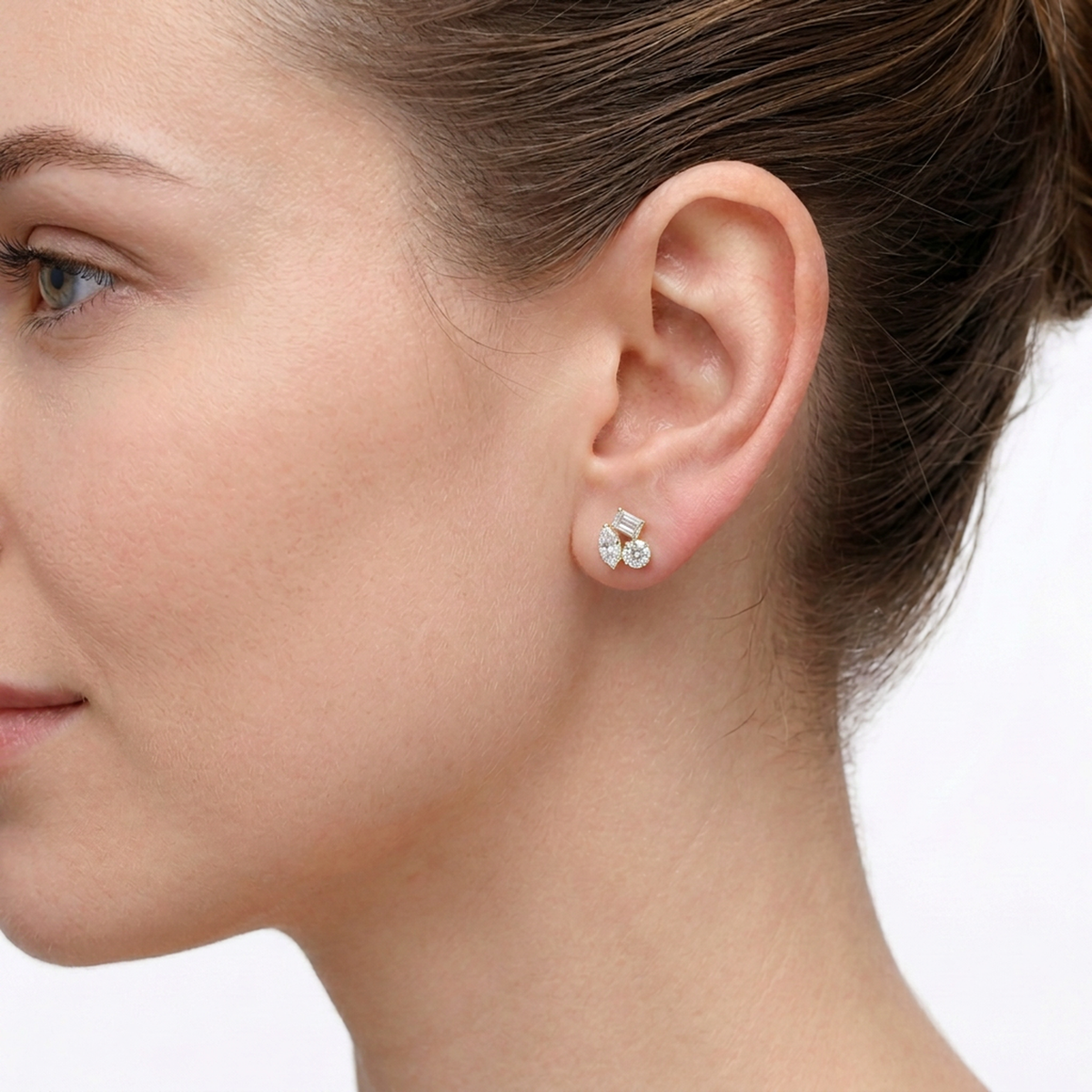 Marquise, Emerald & Round Diamond Cluster Stud Earrings — lab grown diamond earrings handcrafted by Vimora Diamonds