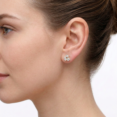 Marquise, Emerald & Round Diamond Cluster Stud Earrings — lab grown diamond earrings handcrafted by Vimora Diamonds
