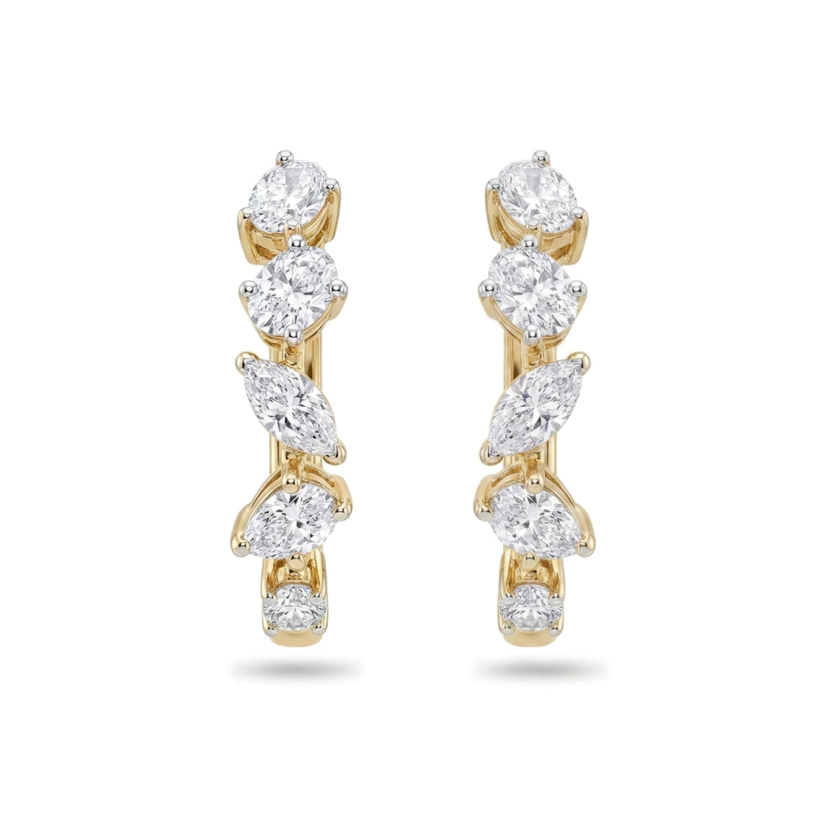 Graduated Multi-Shape Diamond Hoop Earrings — marquise, oval, pear and round lab grown diamond earrings by Vimora Diamonds