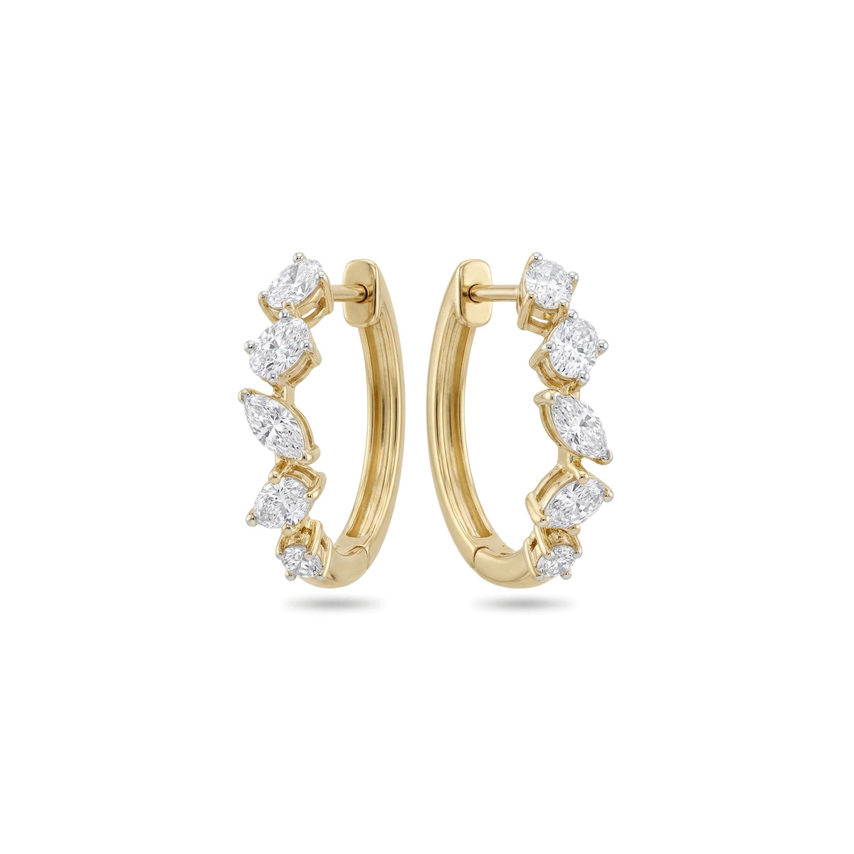 Graduated Multi-Shape Diamond Hoop Earrings in IGI certified lab grown diamond and BIS hallmarked gold