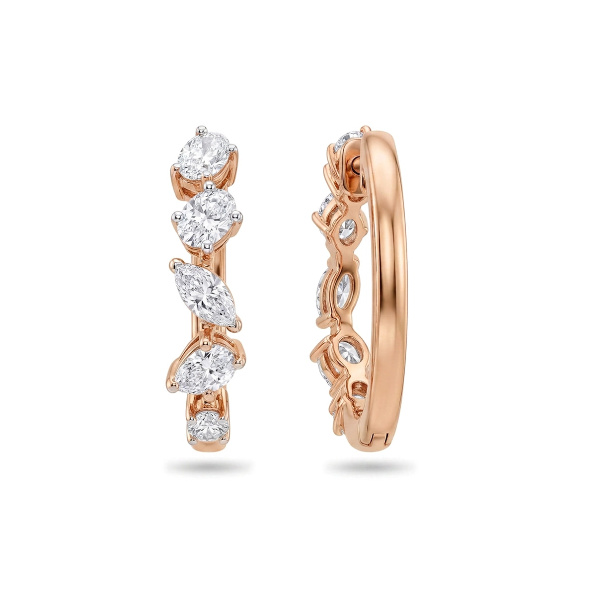Graduated Multi-Shape Diamond Hoop Earrings — marquise, oval, pear and round lab grown diamond earrings