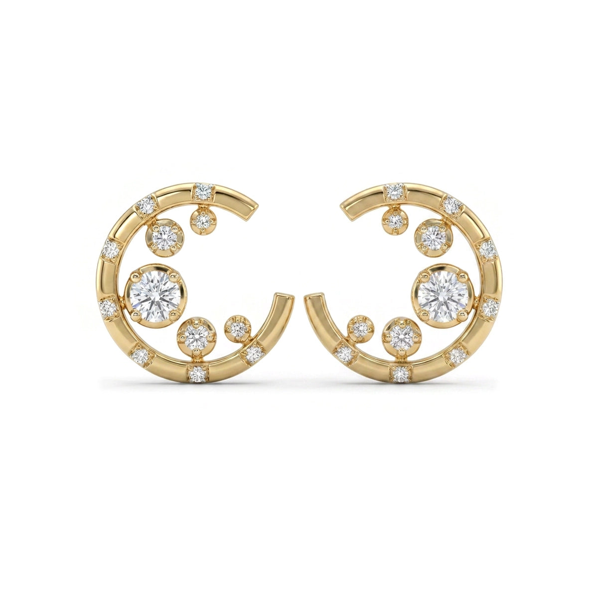 Scattered Diamond Open C-Hoop Stud Earrings — round lab grown diamond earrings by Vimora Diamonds