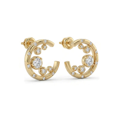 Scattered Diamond Open C-Hoop Stud Earrings — round lab grown diamond earrings in 9K, 14K or 18K gold