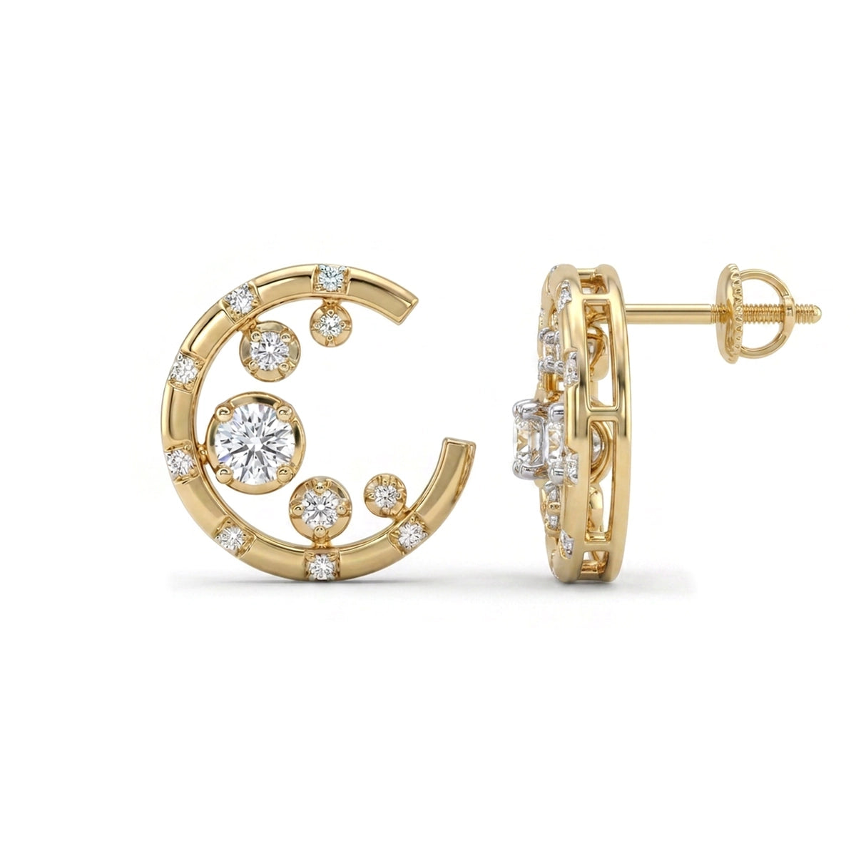 Scattered Diamond Open C-Hoop Stud Earrings in IGI certified lab grown diamond and BIS hallmarked gold