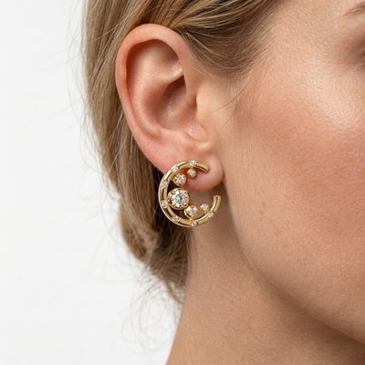 Scattered Diamond Open C-Hoop Stud Earrings — lab grown diamond earrings handcrafted by Vimora Diamonds