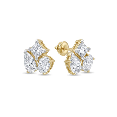 Princess, Oval & Pear Diamond Cluster Stud Earrings in IGI certified lab grown diamond and BIS hallmarked gold