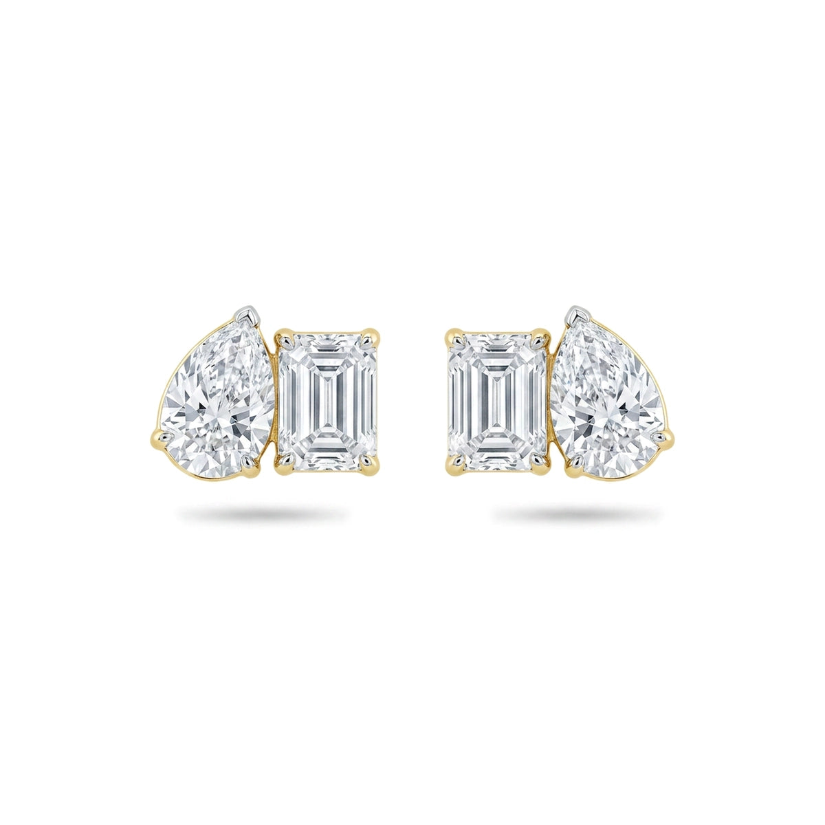 Pear & Emerald Cut Two-Stone Stud Earrings — emerald and pear lab grown diamond earrings by Vimora Diamonds