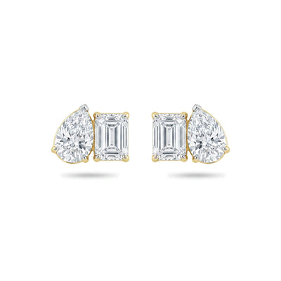 Pear & Emerald Cut Two-Stone Stud Earrings — emerald and pear lab grown diamond earrings by Vimora Diamonds