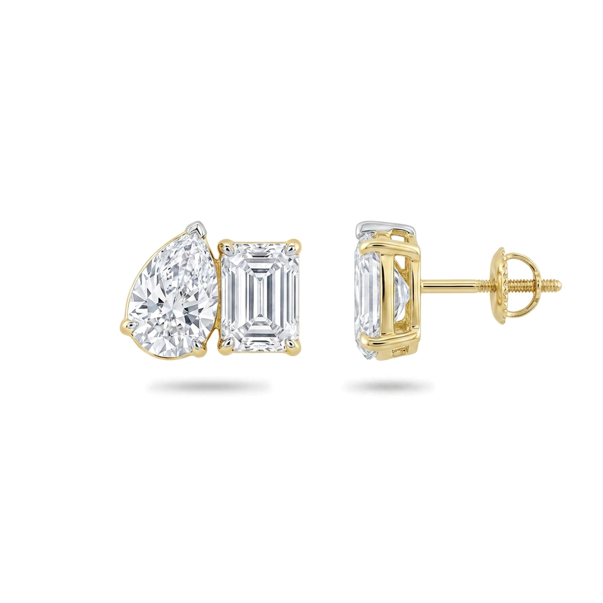 Pear & Emerald Cut Two-Stone Stud Earrings — emerald and pear lab grown diamond earrings in 9K, 14K or 18K gold