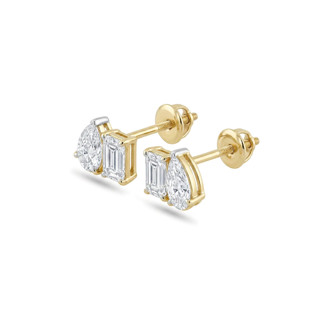 Pear & Emerald Cut Two-Stone Stud Earrings in IGI certified lab grown diamond and BIS hallmarked gold