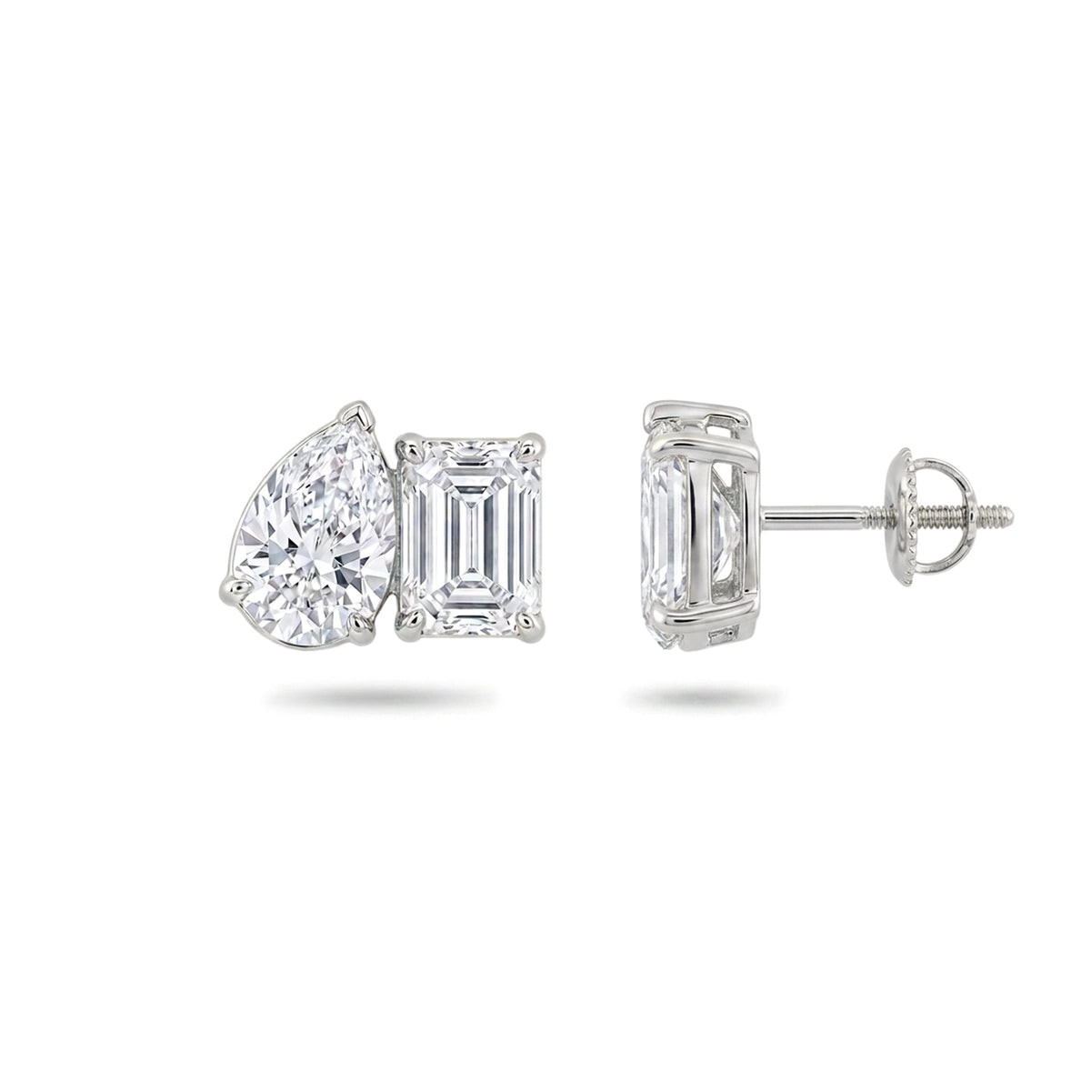 Pear & Emerald Cut Two-Stone Stud Earrings — emerald and pear lab grown diamond earrings in solid hallmarked gold