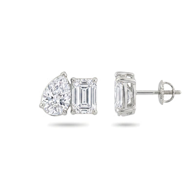 Pear & Emerald Cut Two-Stone Stud Earrings — emerald and pear lab grown diamond earrings in solid hallmarked gold