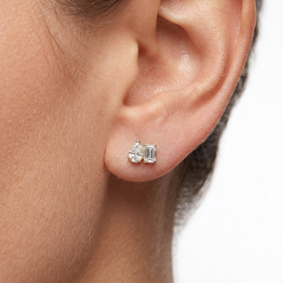 Pear & Emerald Cut Two-Stone Stud Earrings — lab grown diamond earrings handcrafted by Vimora Diamonds
