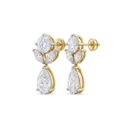 Round, Marquise & Pear Diamond Drop Stud Earrings in IGI certified lab grown diamond and BIS hallmarked gold