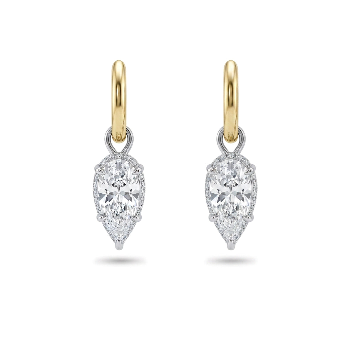 Pear Halo Hoop Drop Earrings — pear and round lab grown diamond earrings by Vimora Diamonds