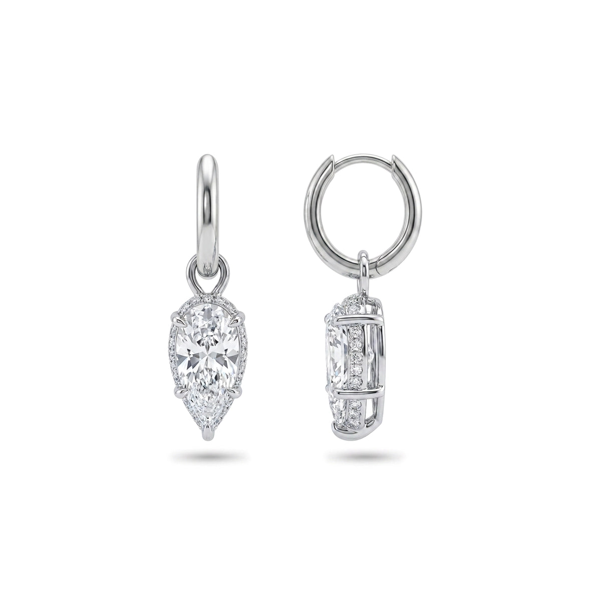 Pear Halo Hoop Drop Earrings — pear and round lab grown diamond earrings in solid hallmarked gold