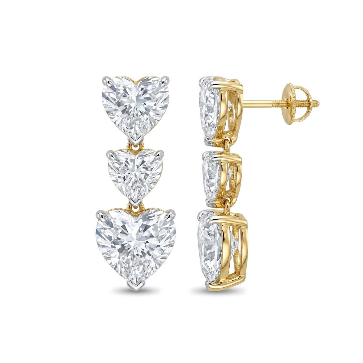 Triple Heart Diamond Drop Stud Earrings — heart lab grown diamond earrings in 9K, 14K or 18K gold