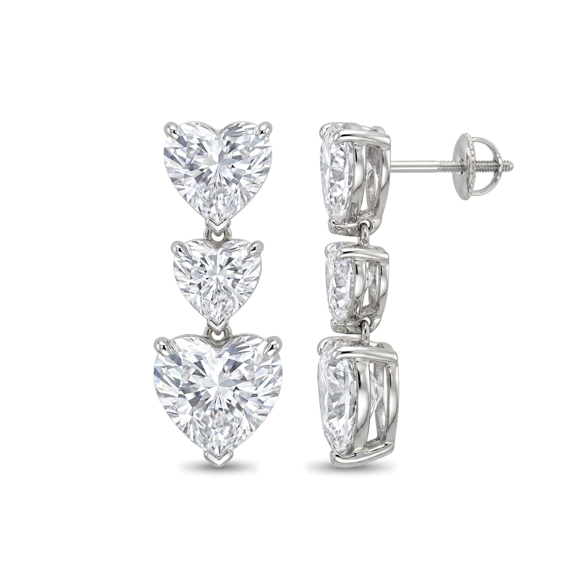 Triple Heart Diamond Drop Stud Earrings — heart lab grown diamond earrings in solid hallmarked gold