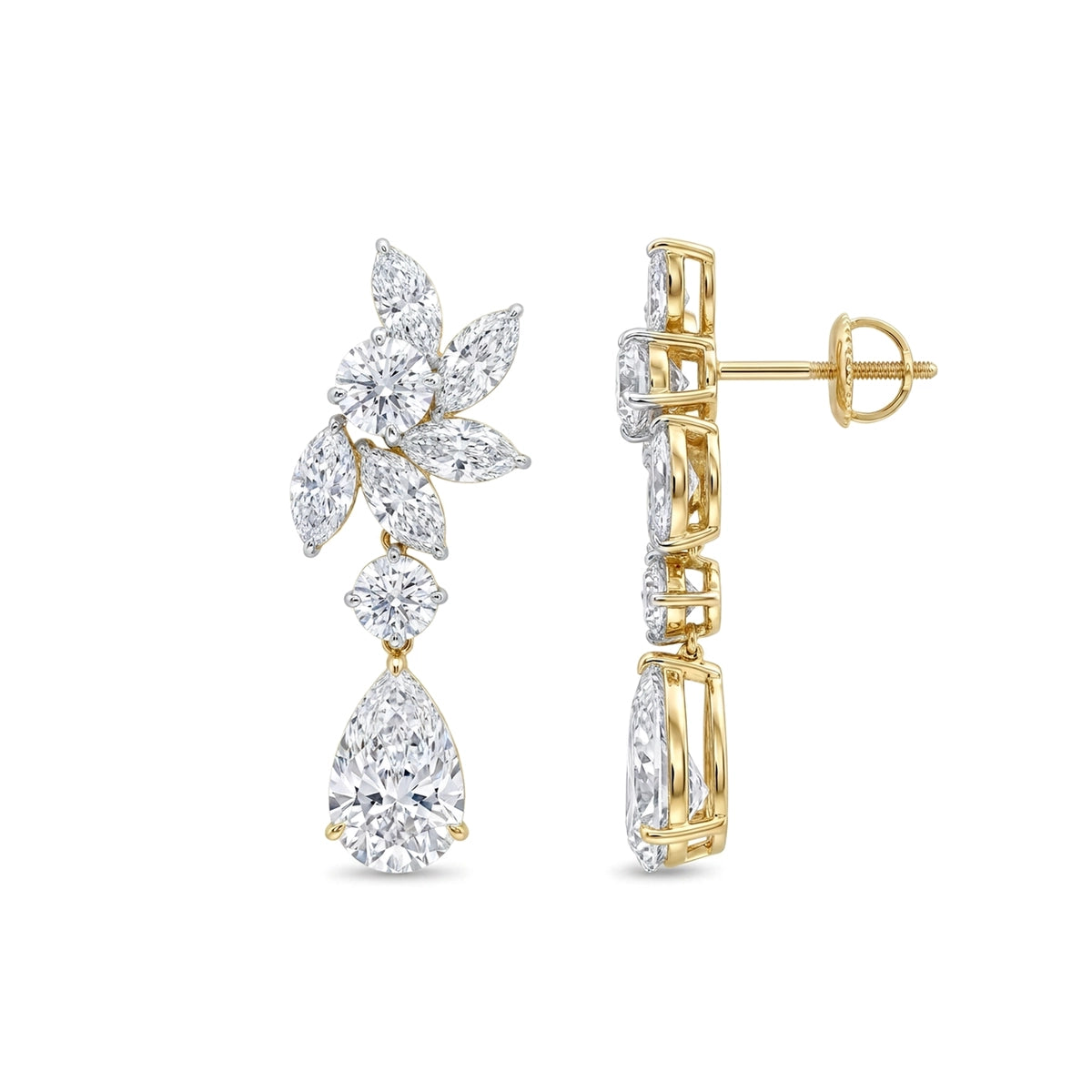 Marquise Cluster Pear Drop Earrings — marquise, pear and round lab grown diamond earrings in 9K, 14K or 18K gold