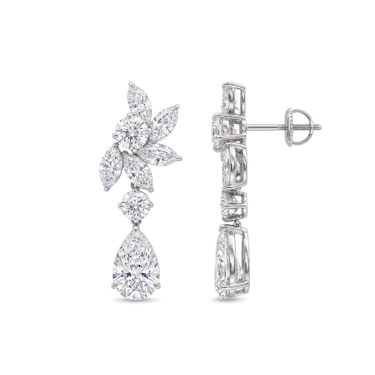 Marquise Cluster Pear Drop Earrings — marquise, pear and round lab grown diamond earrings in solid hallmarked gold