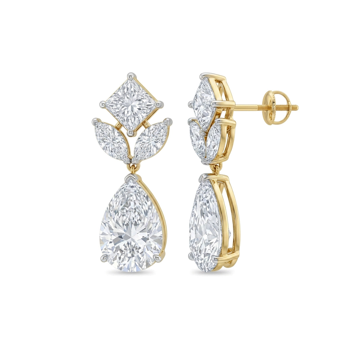 Princess, Marquise Leaf & Pear Diamond Drop Earrings in IGI certified lab grown diamond and BIS hallmarked gold